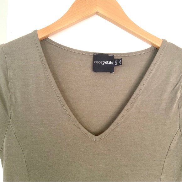 ASOS Petite Long Sleeved Olive Maxi Dress w Slit - Picture 5 of 10